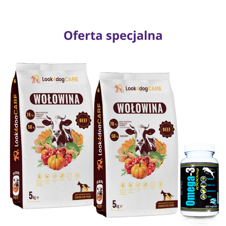 Zestaw karma Look4dog CARE Wołowina 2x5kg + Omega-3 